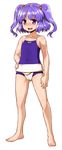  absurdres competition_swimsuit fundoshi hair_bobbles hair_ornament highres itou_yuuji japanese_clothes kawashiro_nitori one-piece_swimsuit open_mouth purple_eyes purple_hair smile solo standing swimsuit touhou two_side_up 
