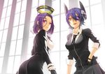  breasts checkered checkered_neckwear deras eyepatch gloves headgear kantai_collection large_breasts looking_at_viewer mechanical_halo multiple_girls necktie purple_eyes purple_hair short_hair tatsuta_(kantai_collection) tenryuu_(kantai_collection) yellow_eyes 