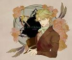  adachi_(ioioi) blonde_hair blue_eyes cravat dio_brando floral_background flower happy_birthday hat hat_removed headwear_removed holding holding_hat jojo_no_kimyou_na_bouken knife male_focus pocket_watch red_flower red_rose rose solo top_hat upper_body watch wings 