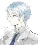  blue_eyes blue_hair commentary_request glasses hellschef iceberg_(scp) male_focus necktie scp_foundation simple_background solo translation_request white_background 