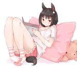  animal_ears bad_id bad_pixiv_id bare_shoulders black_hair blush fox_ears fox_tail original red_eyes rima_(rimarip) short_hair shorts simple_background sitting solo stylus tablet tail 