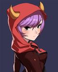  asao_awawa bad_id bad_pixiv_id black_eyes blue_background blush close-up fake_horns hood kagari_(pokemon) looking_at_viewer looking_back pokemon pokemon_(game) pokemon_oras purple_hair short_hair simple_background solo team_magma 