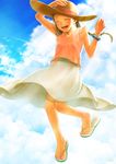  :d ^_^ bad_id bad_pixiv_id brown_hair closed_eyes cloud day dress feet flip-flops hand_on_headwear hat jumping long_hair open_mouth original sandals sky smile solo sun_hat sunlight toes tsubu_(panda) twintails 