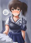  admiral_(kantai_collection) blush brown_eyes brown_hair clothes_grab commentary_request crying jamesjoji japanese_clothes kaga_(kantai_collection) kantai_collection muneate short_hair side_ponytail skirt solo_focus tasuki tears tug 