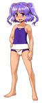  absurdres competition_swimsuit fundoshi hair_bobbles hair_ornament highres itou_yuuji japanese_clothes kawashiro_nitori one-piece_swimsuit open_mouth purple_eyes purple_hair smile solo standing swimsuit tan touhou two_side_up 