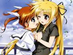  2girls blonde_hair blue_eyes blush brown_hair cheek-to-cheek fate_testarossa hair_ornament hand_holding looking_at_another lyrical_nanoha mahou_shoujo_lyrical_nanoha mahou_shoujo_lyrical_nanoha_a&#039;s mahou_shoujo_lyrical_nanoha_a's multiple_girls official_art okuda_yasuhiro red_eyes takamachi_nanoha yuri 