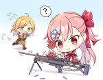  2girls :3 ? ahoge assault_rifle bipod blush brown_hair bullet commentary commentary_request flying_sweatdrops galil_(girls_frontline) girls_frontline gloves gun hair_ornament hexagram hitting imi_galil kneeling long_hair machine_gun multiple_girls negev_(girls_frontline) open_mouth pink_hair red_eyes ribbon rifle side_ponytail simple_background speech_bubble spoken_question_mark star_of_david suya2mori2 sweatdrop weapon yellow_eyes younger 