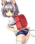  absurdres adjusting_buruma adjusting_clothes alternate_costume animal_ears ass backpack bad_id bad_pixiv_id bag blush buruma greatmosu grey_hair gym_uniform highres looking_at_viewer mouse_ears mouse_tail nazrin open_mouth randoseru red_eyes short_hair simple_background solo sweatdrop tail thighhighs touhou white_background white_legwear 