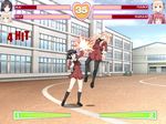  black_hair blonde_hair blue_eyes blush closed_eyes couple fake_screenshot hair_ribbon kawamura_reo long_hair matsubara_yuuna multiple_girls oda_nanami one_eye_closed open_mouth pantyhose red_eyes red_hair ribbon sawaguchi_mai school school_uniform short_hair sono_hanabira_ni_kuchizuke_wo twintails uppercut 