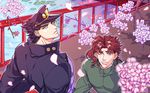  cherry_blossoms flower gakuran hahihu1782 hat jojo_no_kimyou_na_bouken kakyouin_noriaki kuujou_joutarou multiple_boys purple_eyes red_hair scar school_uniform tree 