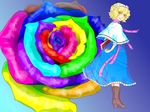  alice_margatroid blonde_hair book boots capelet dress flower hairband lipstick mago_(gengennikoniko) makeup ribbon short_hair solo string touhou yellow_eyes 