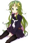  :o bad_id bad_pixiv_id between_legs black_serafuku crescent crescent_hair_ornament green_eyes green_hair hair_ornament hand_between_legs kantai_collection long_hair looking_at_viewer nagatsuki_(kantai_collection) neckerchief open_mouth pantyhose pleated_skirt sailor_collar school_uniform serafuku sitting skirt solo watase_(abe) white_neckwear 