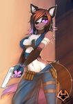  breasts brown_fur brown_hair canine cleavage clothed clothing female fluffy_tail fox fur hair macmegagerc mammal midriff open_mouth pink_eyes purple_fur purple_hair ranged_weapon skimpy solo tan_fur violet_fur violet_hair weapon 