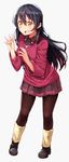  black_legwear blue_hair blush boots brown_eyes casual haruken long_hair love_live! love_live!_school_idol_project open_mouth pantyhose ribbed_sweater skirt solo sonoda_umi sweater 