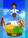  brown_hair closed_eyes cloud cloudy_sky dark_skin dark_skinned_male day facial_mark flower forehead_mark id_card labcoat lanyard misima1029 scp-073 scp_foundation sheep sky smile wheat 