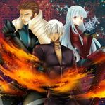  1girl 2boys blue_eyes blue_hair brown_eyes brown_hair fire highres ice k&#039; k' king_of_fighters kula_diamond leather looking_at_viewer maxima multiple_boys snk white_hair 