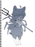  ahoge animalization asymmetrical_wings carrying carrying_over_shoulder dog houjuu_nue monochrome onikobe_rin open_mouth polearm ribbon solo tongue touhou trident weapon wings 