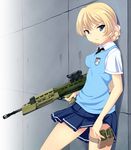  adapted_costume against_wall alternate_color assault_rifle bad_id bad_pixiv_id black_neckwear blonde_hair blue_eyes blue_skirt braid bullpup commentary darjeeling dress_shirt emblem girls_und_panzer gun highres holding l85 leaning looking_at_viewer magazine_(weapon) miniskirt necktie nksk pleated_skirt revision rifle school_uniform shirt short_hair skirt solo st._gloriana's_(emblem) st._gloriana's_school_uniform standing sweater_vest trigger_discipline v-neck weapon white_shirt 