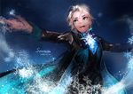  2013 :d artist_name ascot blonde_hair blue_background blue_eyes blue_shirt collared_shirt dated elsa_(frozen) formal frozen_(disney) genderswap genderswap_(mtf) hair_between_eyes head_tilt long_sleeves open_mouth outstretched_arms shirt simple_background smile snowflakes solo suhokun suit teeth 