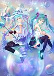  bakanoe boots bunny cape fingerless_gloves gloves hat hatsune_miku highres long_hair multiple_girls necktie pantyhose sitting skirt snowflakes suki!_yuki!_maji_magic_(vocaloid) thigh_boots thighhighs twintails very_long_hair vocaloid wand witch_hat yuki_miku yukine_(vocaloid) 