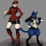  blonde_hair jacket lucario npc npc_trainer pkmn_ranger_(pokemon) pokemon pokemon_ranger_(npc) shorts 