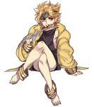  age_regression anklet barefoot blonde_hair dagger dio_brando hahihu1782 headband heart jewelry jojo_no_kimyou_na_bouken knife male_focus oversized_clothes red_eyes solo weapon younger 