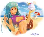  1girl 2boys angelbx beach bikini blue_hair brown_eyes dessert food k&#039; k' king_of_fighters kula_diamond maxima multiple_boys snk swimsuit white_hair 