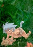  animal_tail barefoot blue_hair hair human male mammal nikubou red_eyes size_difference 
