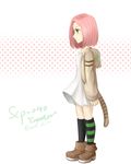  2014 asymmetrical_legwear boots character_name dated dress green_eyes hood hoodie kneehighs pink_hair scp-040 scp_foundation solo standing striped 