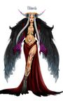  breasts cleavage dress female final_fantasy final_fantasy_viii full_body fur_collar gloves grey_hair horns long_dress long_hair makeup midriff navel red_dress silver_hair solo tattoo ultimecia white_background wings 