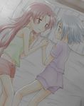  bed blue_eyes blue_hair blush camisole eye_contact hair_down holding_hands isora long_hair looking_at_another mahou_shoujo_madoka_magica miki_sayaka multiple_girls on_bed pajamas pillow profile red_eyes red_hair sakura_kyouko short_hair shorts yuri 