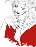  breasts dress female final_fantasy final_fantasy_viii fur_collar long_hair long_nails long_neck makeup monochrome red_dress red_nails solo spot_color ultimecia white_background 