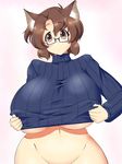  1girl animal_ears bottomless breasts brown_eyes brown_hair cat_ears curvy female glasses highres huge_breasts large_breasts lute_(apocalypselibrary) mound_of_venus no_bra no_underwear original ribbed_sweater shirt_lift short_hair solo standing sweater turtleneck underboob wide_hips 