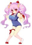  absurdres blush borrowed_character breasts highres large_breasts long_hair looking_at_viewer one-piece_swimsuit oppai_loli original purple_hair red_eyes school_swimsuit shoes smile solo suzune_rai swimsuit twintails uwabaki 
