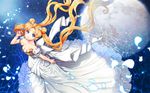  back_bow bare_shoulders bishoujo_senshi_sailor_moon blonde_hair blue_eyes bow breasts cleavage clothes_grab crystal double_bun dress from_above full_moon gown hair_ornament hairclip holding jewelry long_dress long_hair medium_breasts moon necklace petals princess_serenity reflection saban smile solo tsukino_usagi twintails very_long_hair water white_dress wind 