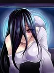  bent_over black_hair breasts hair_over_one_eye large_breasts long_hair looking_at_viewer megane_man red_eyes smile solo television the_ring through_screen yamamura_sadako 