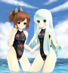  aoki_hagane_no_arpeggio blue_hair brown_eyes brown_hair competition_swimsuit crossover green_eyes highleg highleg_swimsuit highres holding_hands i-401_(kantai_collection) iona kantai_collection long_hair mikimo_nezumi multiple_girls namesake one-piece_swimsuit ponytail short_hair star star_print swimsuit v wading water 