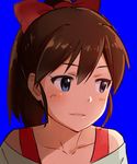  blue_eyes blush brown_hair collarbone h@ll hair_ribbon idolmaster idolmaster_million_live! off-shoulder_shirt open_mouth ponytail ribbon satake_minako shirt smile 