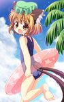  animal_ears ass back blue_sky blush brown_eyes brown_hair cat_ears cat_tail chen cloud day ear_piercing fang flat_chest hat innertube jewelry looking_at_viewer looking_back mob_cap multiple_tails nekomata one-piece_swimsuit open_mouth palm_tree piercing pila-pela school_swimsuit single_earring sky smile solo swimsuit tail touhou tree 