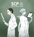  black_hair blue_eyes blue_hair clipboard copyright_name gears_(scp) glasses hand_in_pocket iceberg_(scp) labcoat logo looking_back male_focus multiple_boys necktie paper puyora scp_foundation 