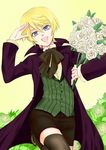  alois_trancy bad_id bad_pixiv_id black_legwear blonde_hair blue_eyes flower kuroshitsuji male_focus open_mouth smile thighhighs 