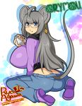  :t agawa_ryou ahoge animal_ears artist_name ass blue_eyes borrowed_character breasts character_name commentary cupcake earrings eating food food_on_face from_behind glasses grey_hair huge_breasts jewelry long_hair looking_at_viewer looking_back mouse_ears mouse_tail muffin original ory_mou seiza shoe_soles silhouette sitting solo tail wariza watermark web_address 