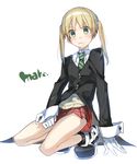  &gt;:&lt; 1girl blonde_hair blush boots gloves green_eyes long_hair looking_at_viewer maka_albarn necktie school_uniform skirt solo soul_eater tie twintails 