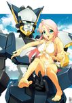  bad_id bad_pixiv_id barefoot bikini blue_eyes bracelet breasts carrying cleavage feet jewelry long_hair navel original pink_hair robot ryuuichirou_(haineken) sky smile swimsuit toes 