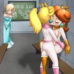  3girls ass ass_grab blonde_hair blush bodysuit boots breast_press breasts brown_hair crown earrings hair_over_one_eye jewelry kiss kissing locker_room mario_kart mario_kart_8 masturbation multiple_girls nintendo orange_hair princess_daisy princess_peach rosalina_(mario) rosetta_(mario) sandyrex super_mario_bros. super_mario_galaxy super_mario_land symmetrical_docking unzipped voyeurism watching yuri 