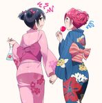  alternate_hairstyle angry bad_id bad_pixiv_id bag bagged_fish black_hair candy_apple double_bun fang fish food goldfish highres holding_hands japanese_clothes kasa_list kimono love_live! love_live!_school_idol_project multiple_girls nishikino_maki open_mouth purple_eyes red_eyes red_hair short_hair simple_background squiggle tongue yazawa_nico 