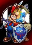  antique_(artist) big_nose blonde_hair blue_eyes boots brown_footwear brown_hair cappy_(mario) copyright_name f.l.u.d.d. facial_hair fingerless_gloves gloves hat kneeling link logo looking_at_another mario mario_(series) master_sword multiple_boys mustache nintendo over_shoulder overalls pointy_ears shield smile standing super_mario_bros. super_mario_odyssey super_smash_bros. super_smash_bros._ultimate sword the_legend_of_zelda the_legend_of_zelda:_breath_of_the_wild weapon weapon_over_shoulder white_gloves 