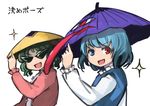  :d ajirogasa animal_ears blue_eyes blue_hair blush blush_stickers dog_ears dress flower forbidden_scrollery frilled_sleeves frills green_hair hand_on_headwear hat heterochromia ichiba_youichi kamina_shades kasodani_kyouko long_sleeves multiple_girls open_mouth pink_dress red_eyes rice_hat short_hair simple_background smile sparkle sunglasses tatara_kogasa text_focus tongue touhou translation_request umbrella v-shaped_eyebrows white_background 