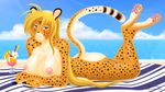  anthro beach blonde_hair breasts brown_eyes butt cheetah cherry cloud drink evov1 feline female flower fruit hair liquid looking_at_viewer lying mammal mihari nipples nude on_stomach outside pineapple sand sea seaside sky solo spots straw towel water 