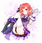  blush boots gloves kira-kira_sensation! knees_up love_live! love_live!_school_idol_project nishikino_maki purple_eyes red_hair short_hair sibyl skirt smile solo striped striped_background thighhighs white_gloves white_legwear 